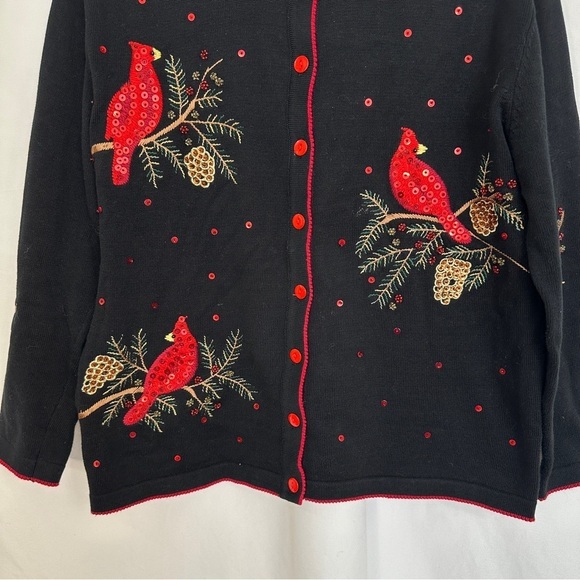Terrazo Cardigan Sweater Size Large Holiday Cardinal Embroidered Beaded Bird - Picture 3 of 13